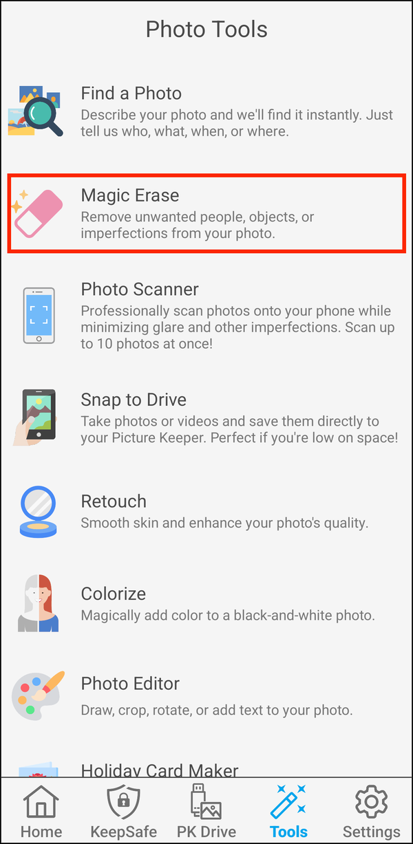 Photo Tools with Magic Erase highlighted