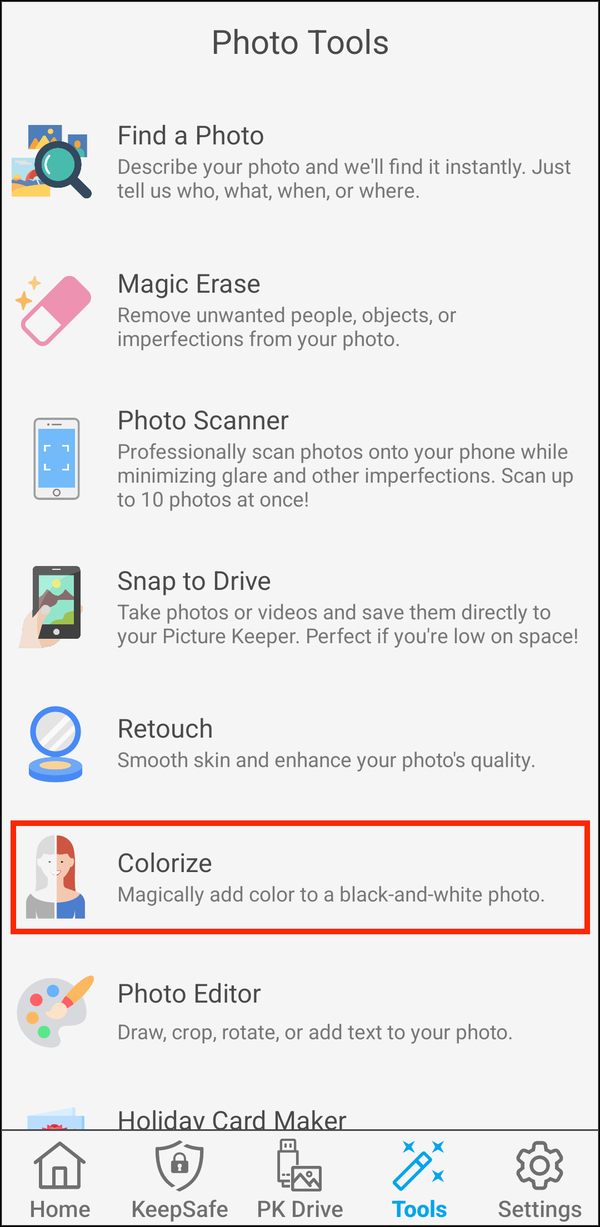 Photo Tools with Colorize highlighted
