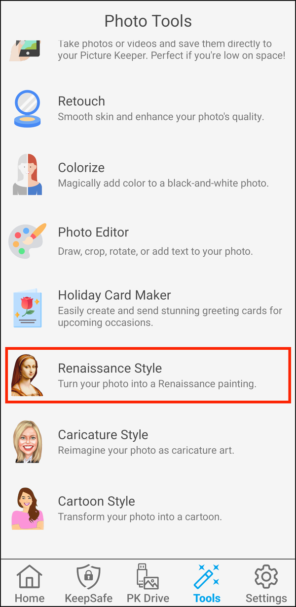 Photo Tools with Renaissance Style highlighted