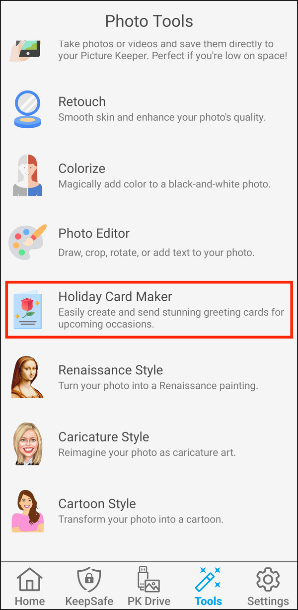 Photo Tools with Holiday Card Maker highlighted