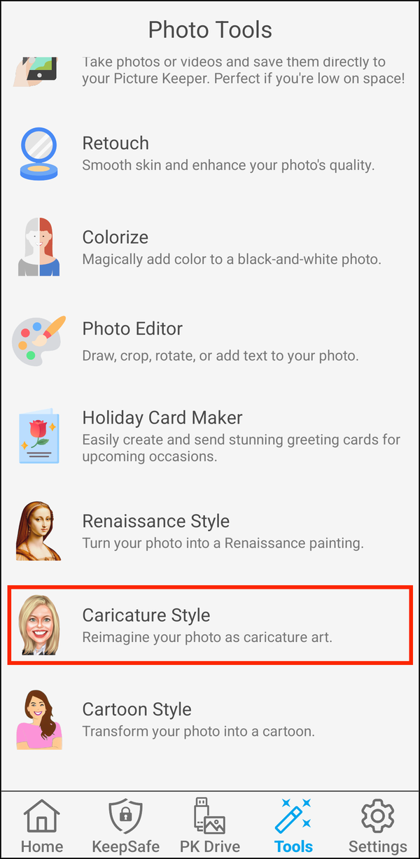 Photo Tools with Caricature Style highlighted