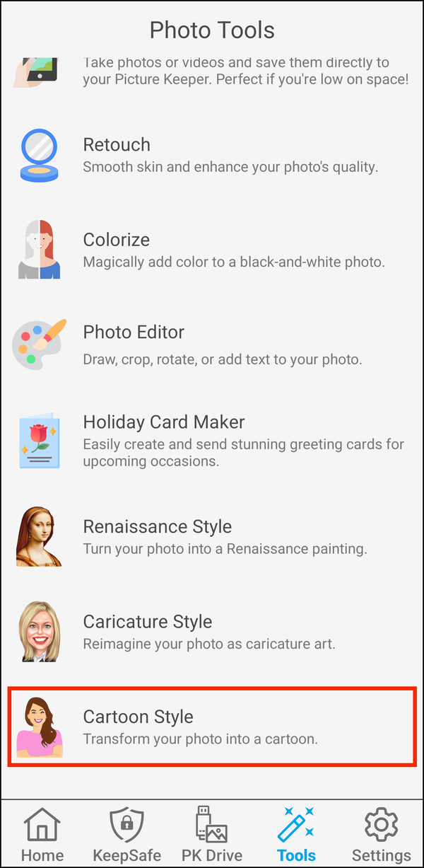 Photo Tools with Cartoon Style highlighted