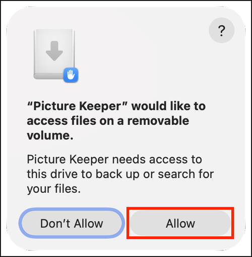 The macOS prompt “Picture Keeper” would like to access files on a removable volume, with Allow highlighted.
