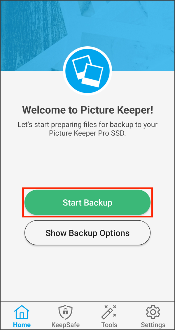 Home screen in Manual Backup Mode with Start Backup highlighted