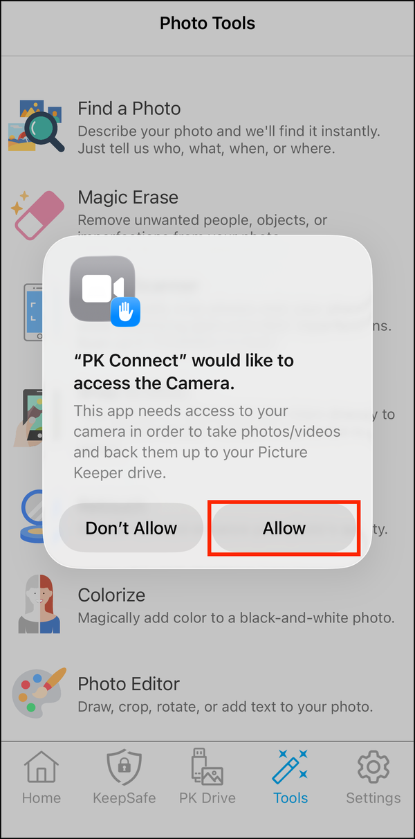 Camera permission prompt with Allow highlighted