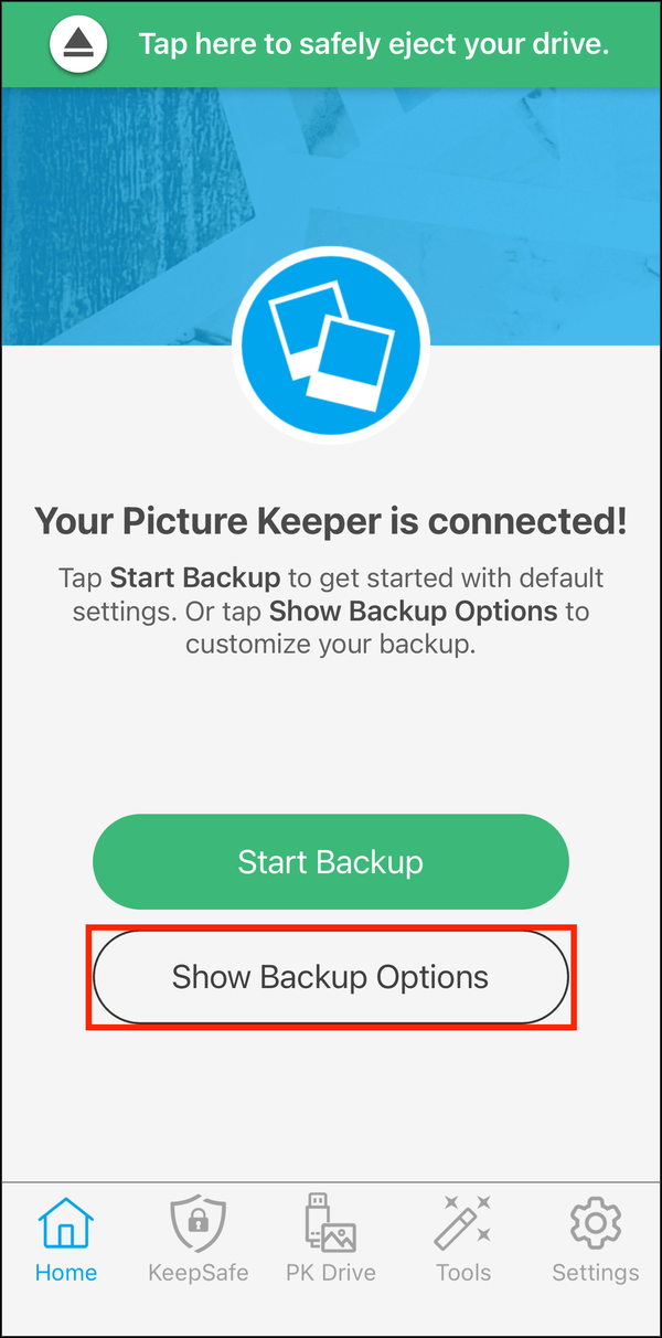 Home screen with Show Backup Options highlighted