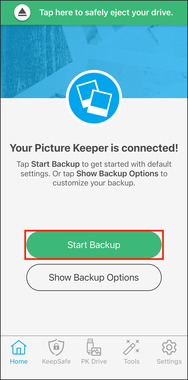Home screen with Start Backup highlighted