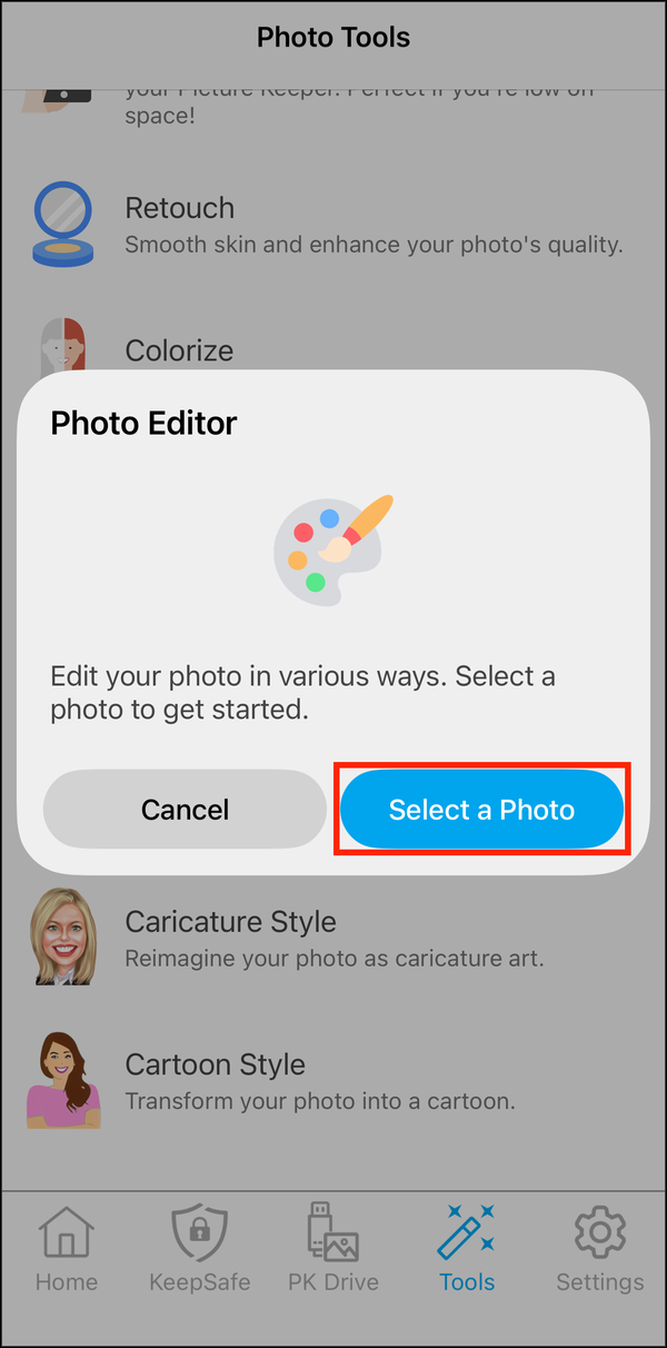 Photo Editor card with Select a Photo highlighted