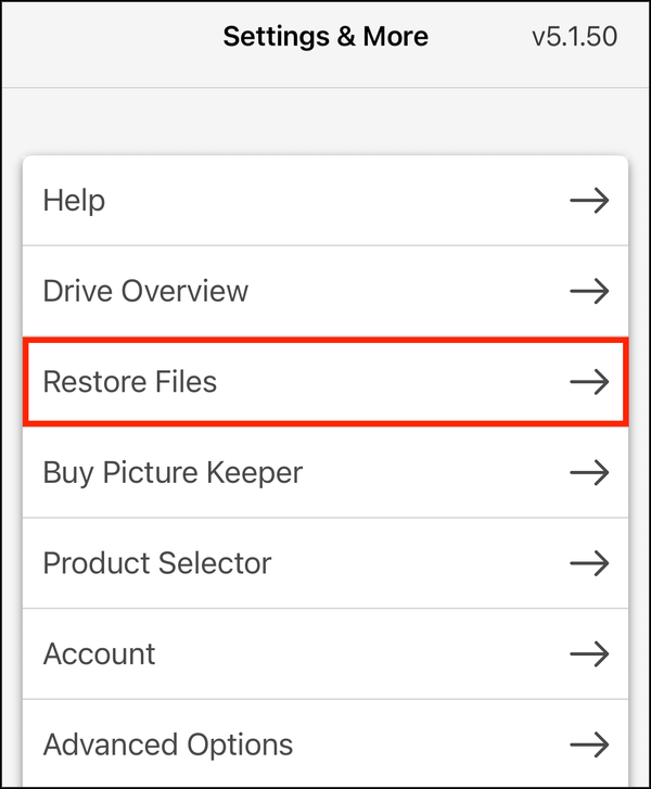 Settings with Restore Files highlighted