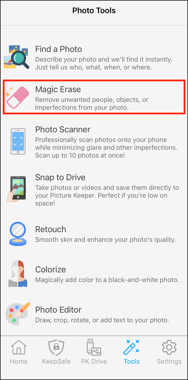 Photo Tools with Magic Erase highlighted