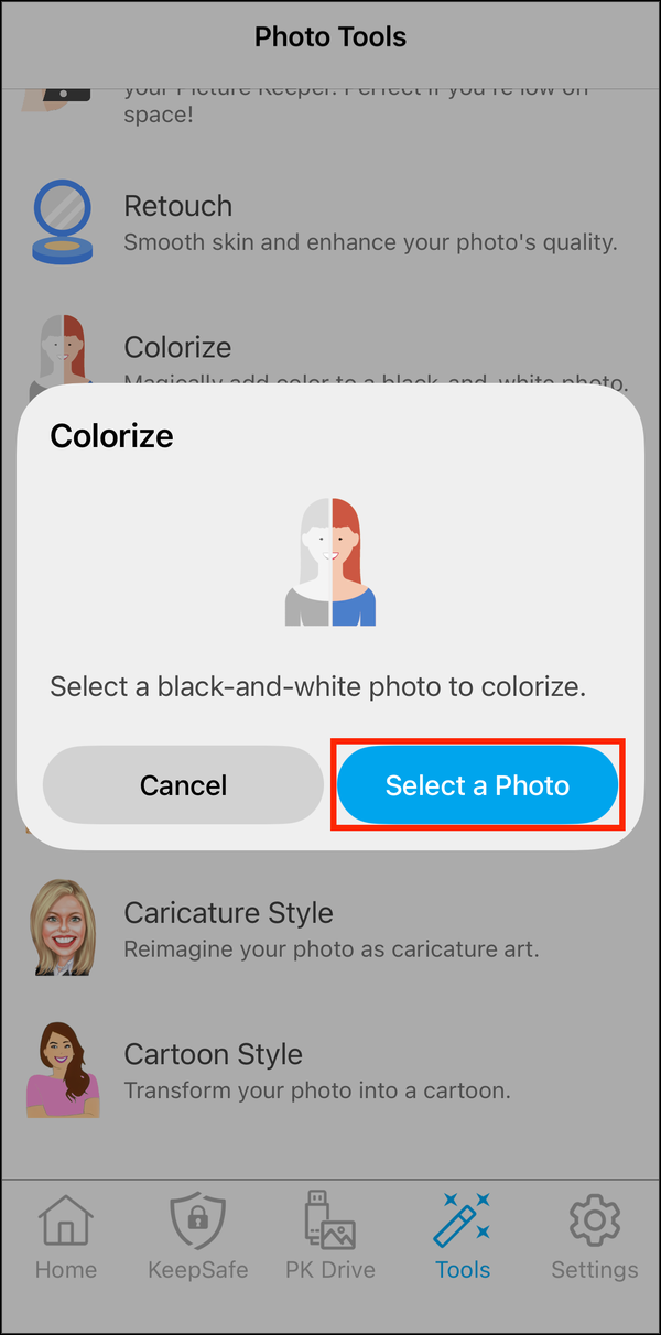 Colorize card with Select a Photo highlighted