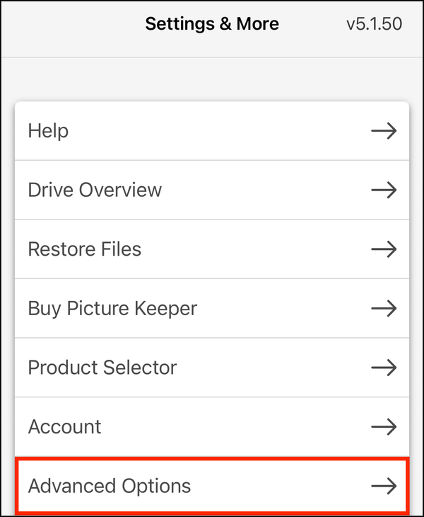 Settings with Advanced Options highlighted
