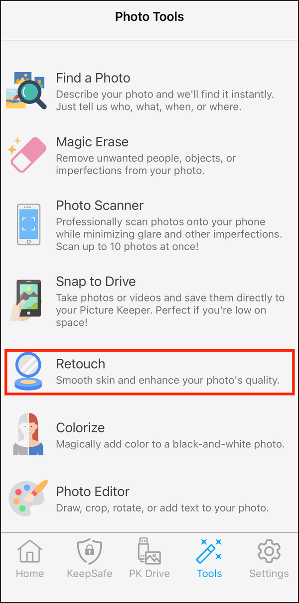 Photo Tools with Retouch highlighted