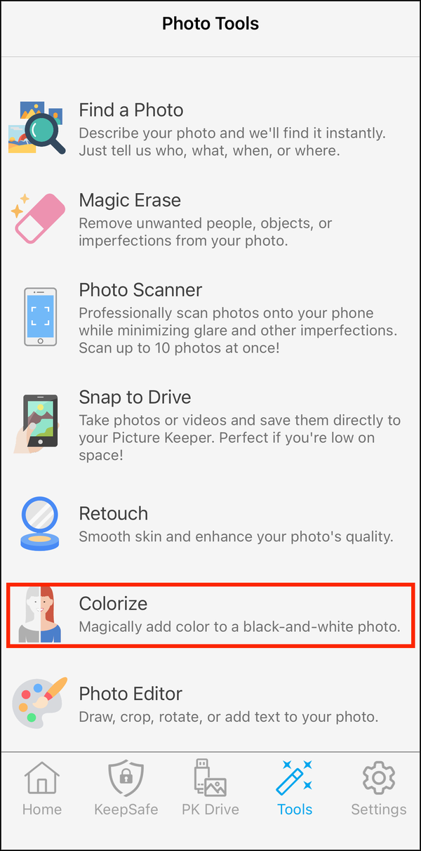 Photo Tools with Colorize highlighted