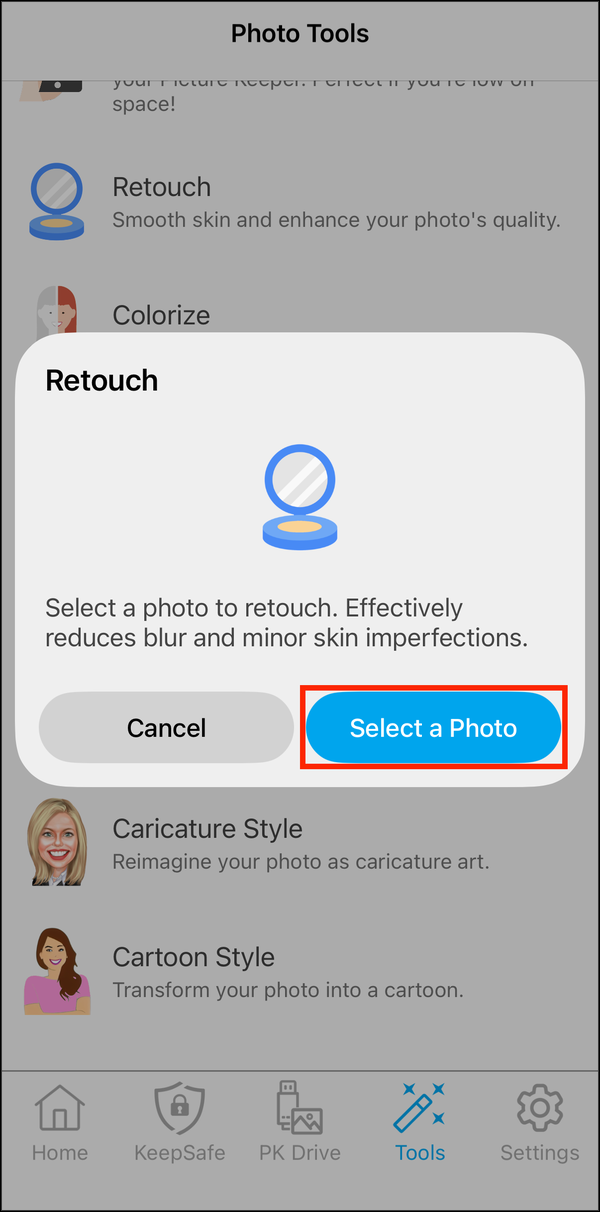 Retouch card with Select a Photo highlighted