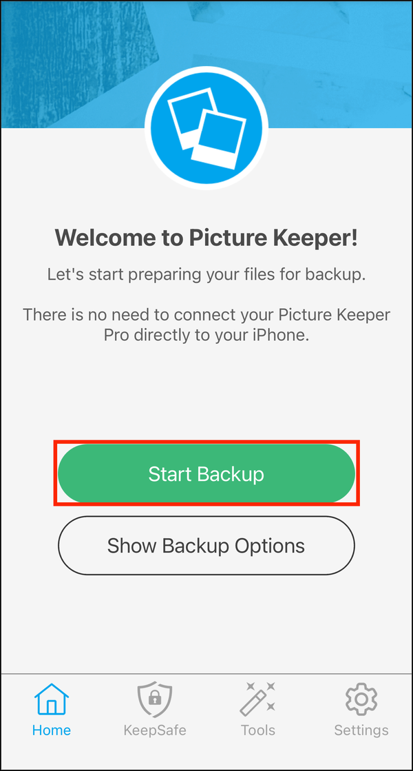 Home screen in Manual Backup Mode with Start Backup highlighted