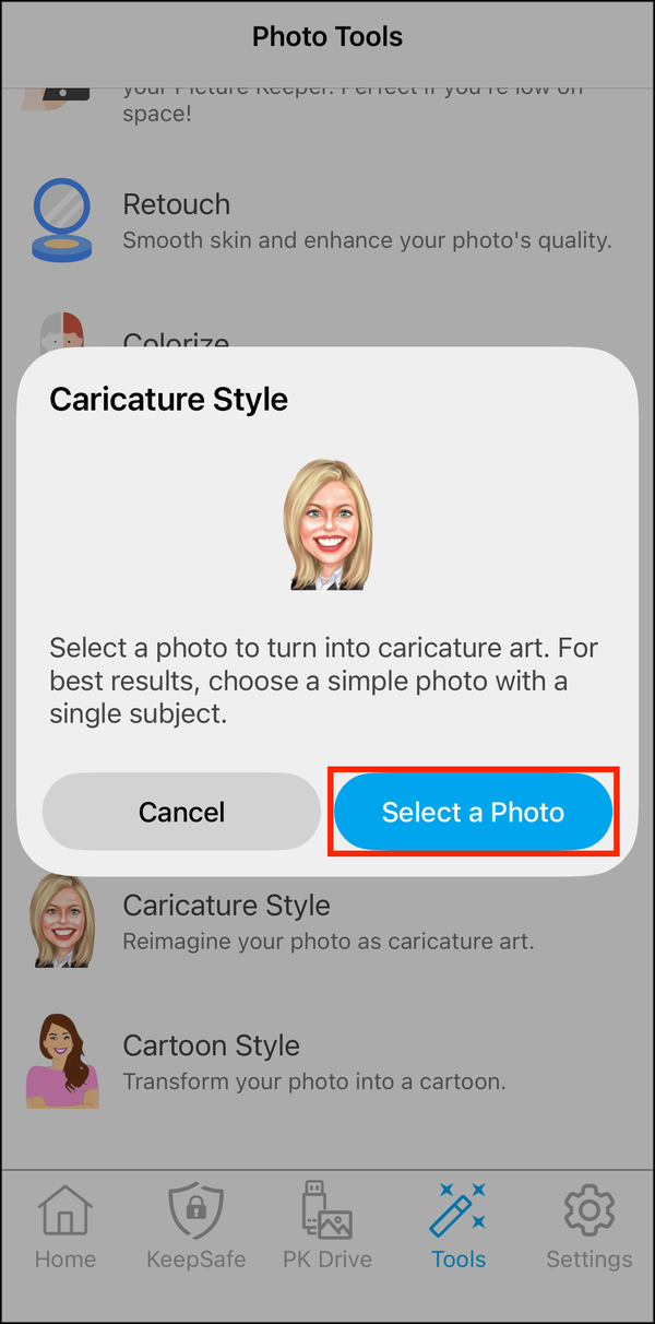 Caricature Style card with Select a Photo highlighted