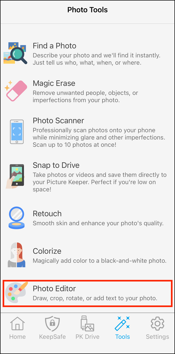 Photo Tools with Photo Editor highlighted