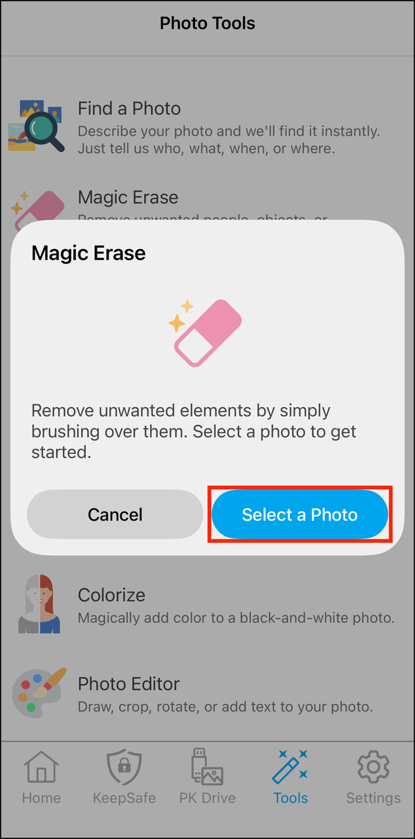 Magic Erase card with Select a Photo highlighted