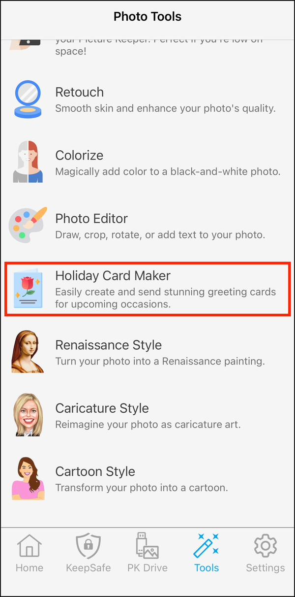Photo Tools with Holiday Card Maker highlighted