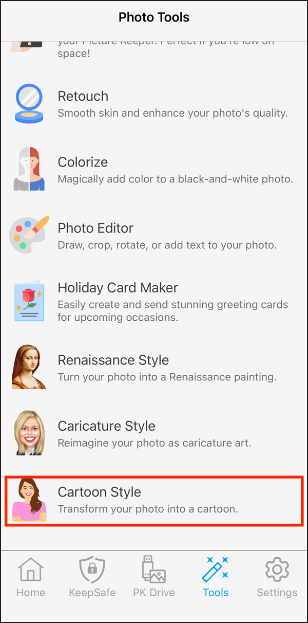 Photo Tools with Cartoon Style highlighted