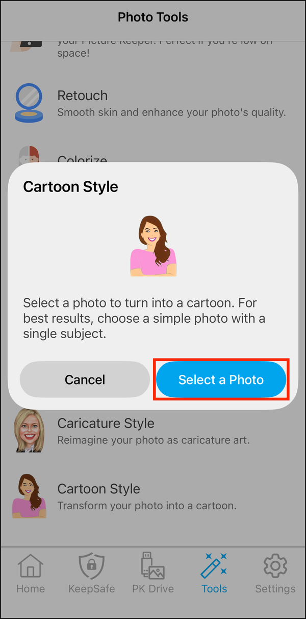 Cartoon Style card with Select a Photo highlighted