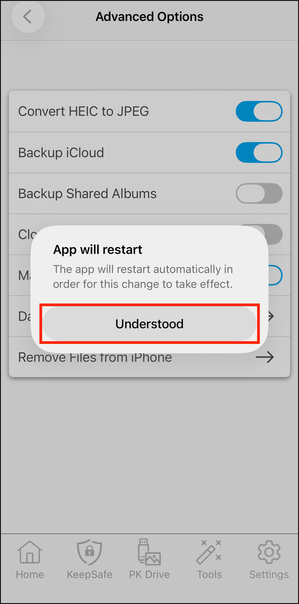 App will restart prompt with Understood highlighted