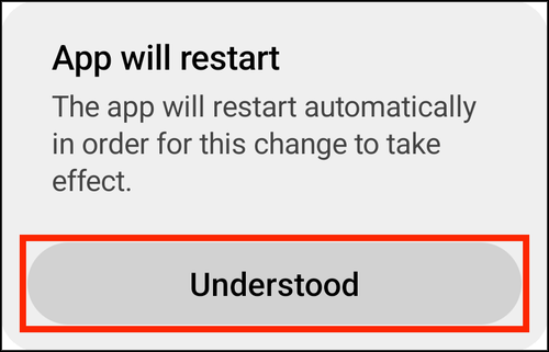 App will restart alert with Understood highlighted