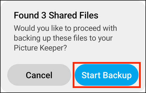 Found 3 Shared Files alert with Start Backup highlighted