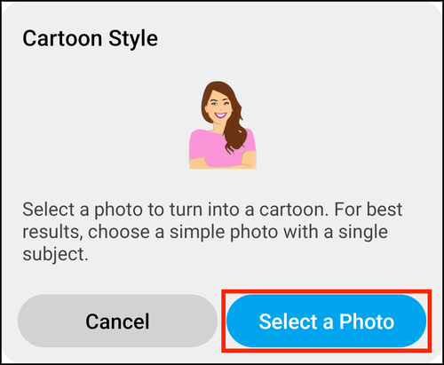 The Cartoon Style prompt, with Select a Photo highlighted