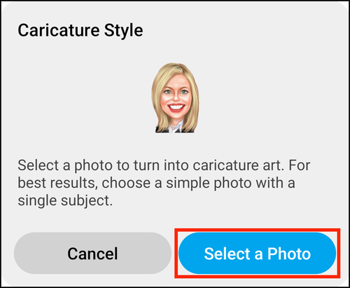 The Caricature Style prompt, with Select a Photo highlighted