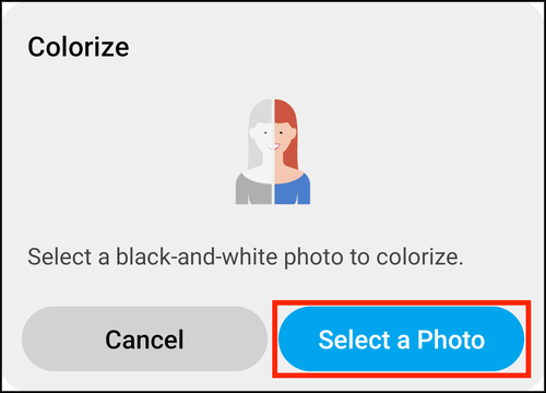 The Colorize prompt, with Select a Photo highlighted