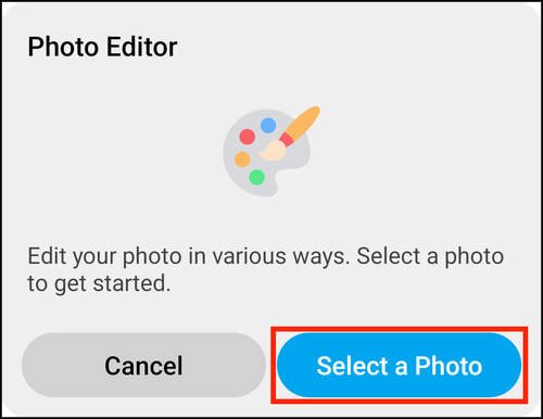 The Photo Editor prompt, with Select a Photo highlighted