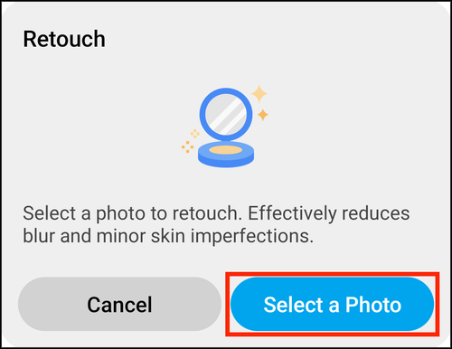 The Retouch prompt, with Select a Photo highlighted