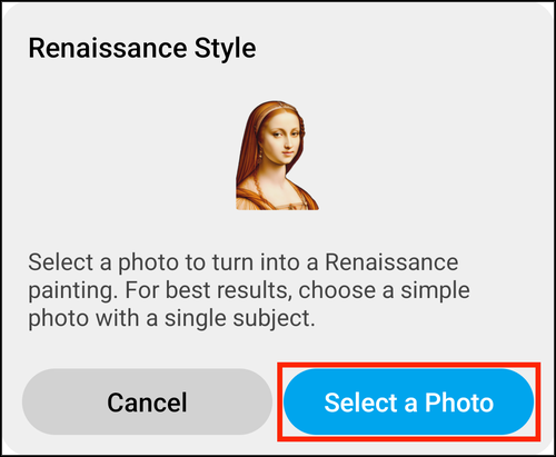The Renaissance Style prompt, with Select a Photo highlighted