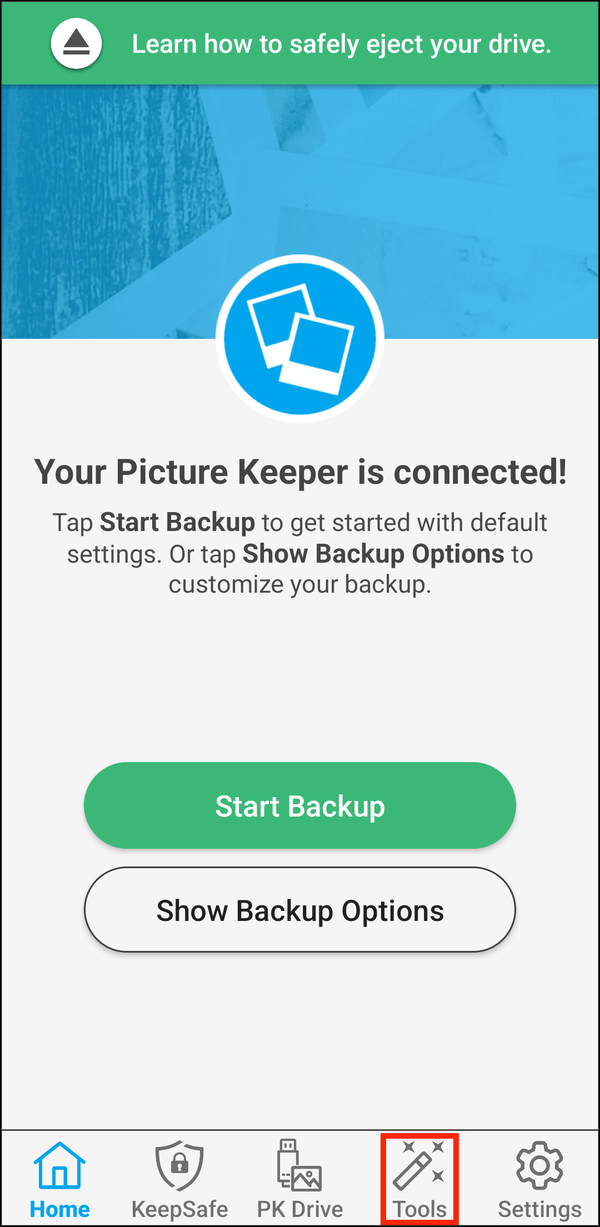 Home screen with the Tools tab highlighted