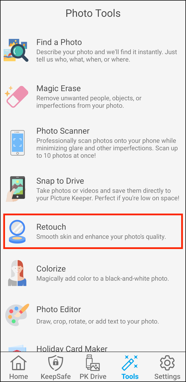 Photo Tools with Retouch highlighted