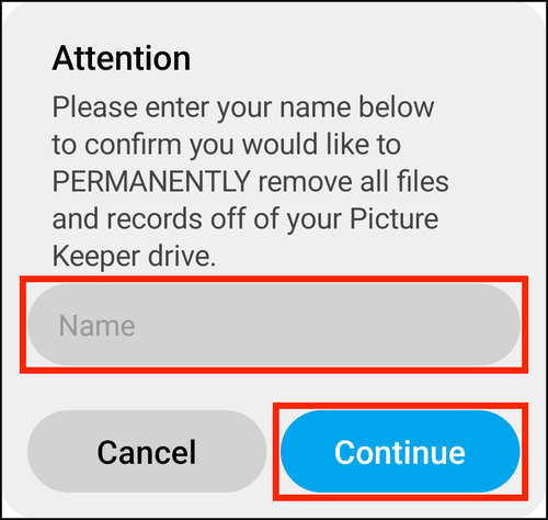 The name prompt, with the Name field and Continue highlighted