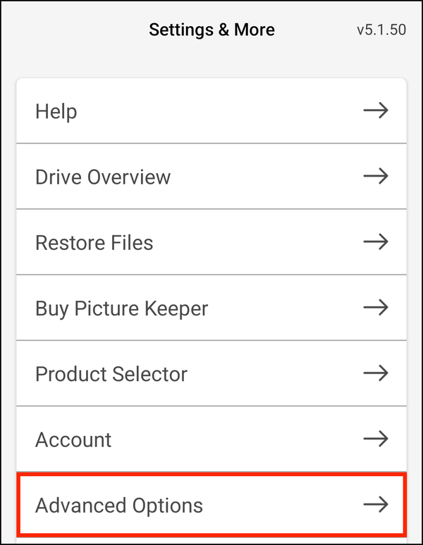 Settings with Advanced Options highlighted