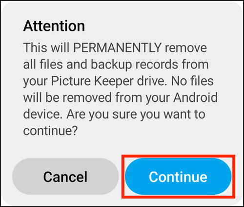 The Factory Reset prompt, Attention, with Continue highlighted