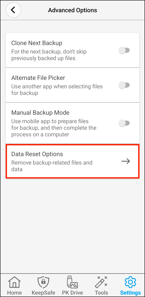 Advanced Options with Data Reset Options highlighted