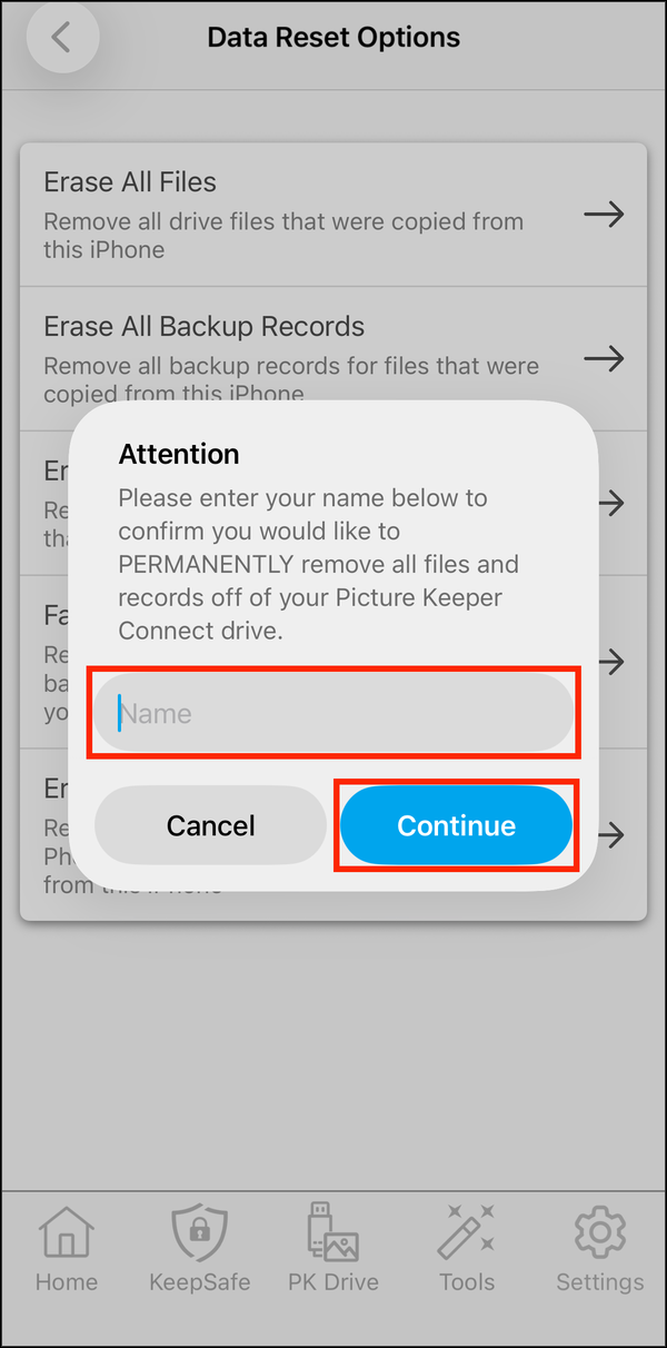 The name prompt, with the Name field and Continue highlighted