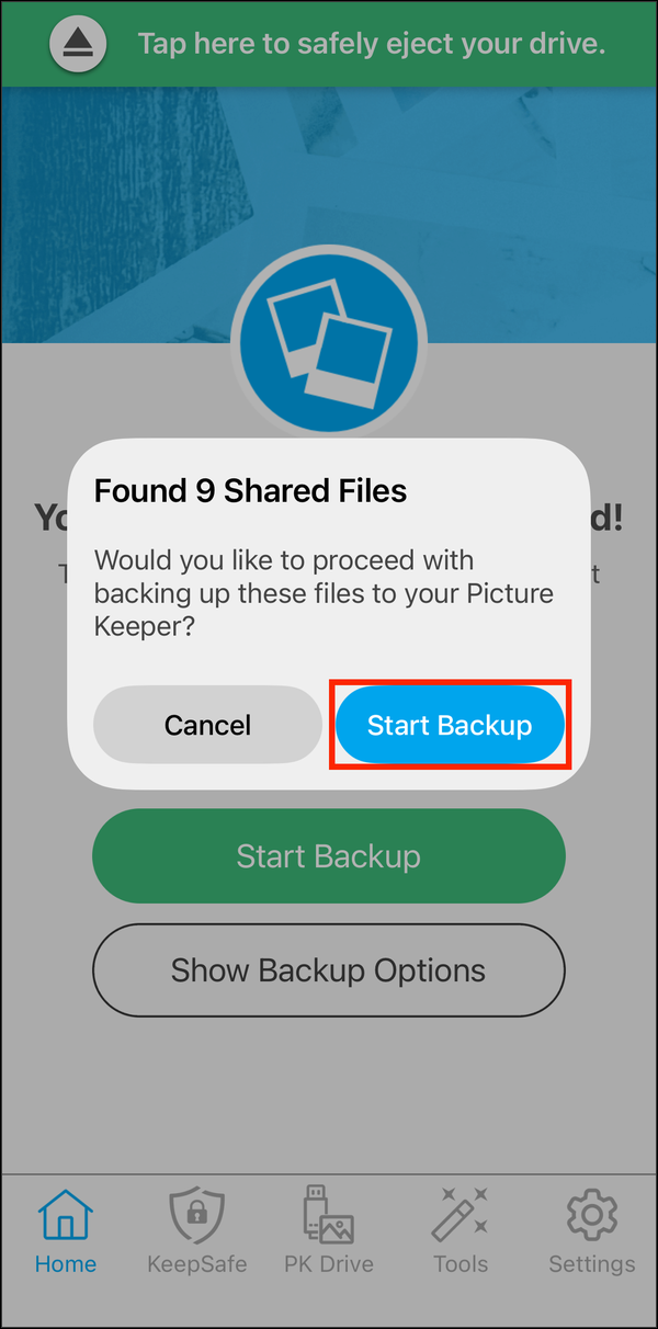 Found 9 Shared Files with Start Backup highlighted