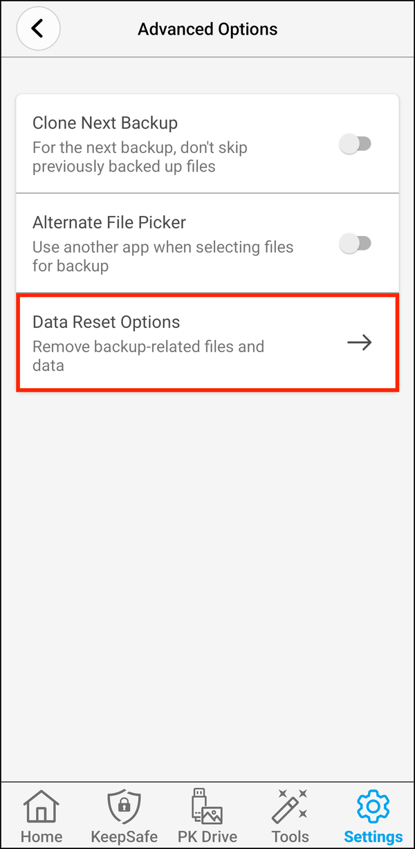 Advanced Options with Data Reset Options highlighted