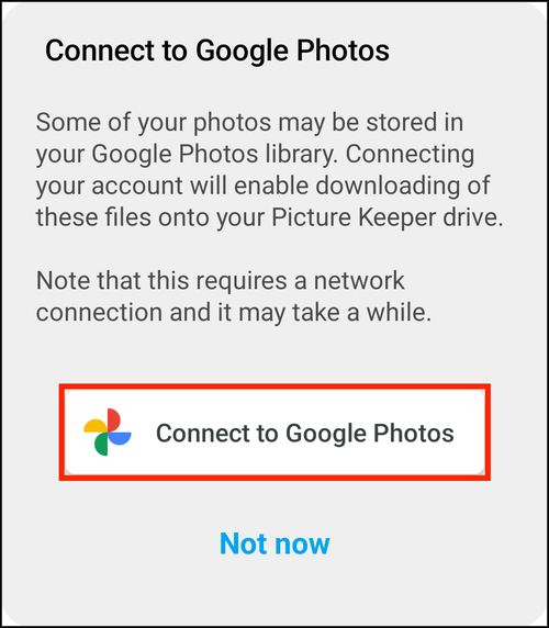 Connect to Google Photos prompt with its button highlighted