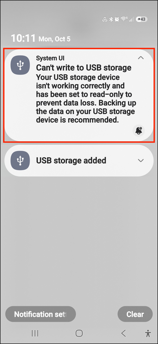 Samsung notification: Can't write to USB storage, the drive set to read-only