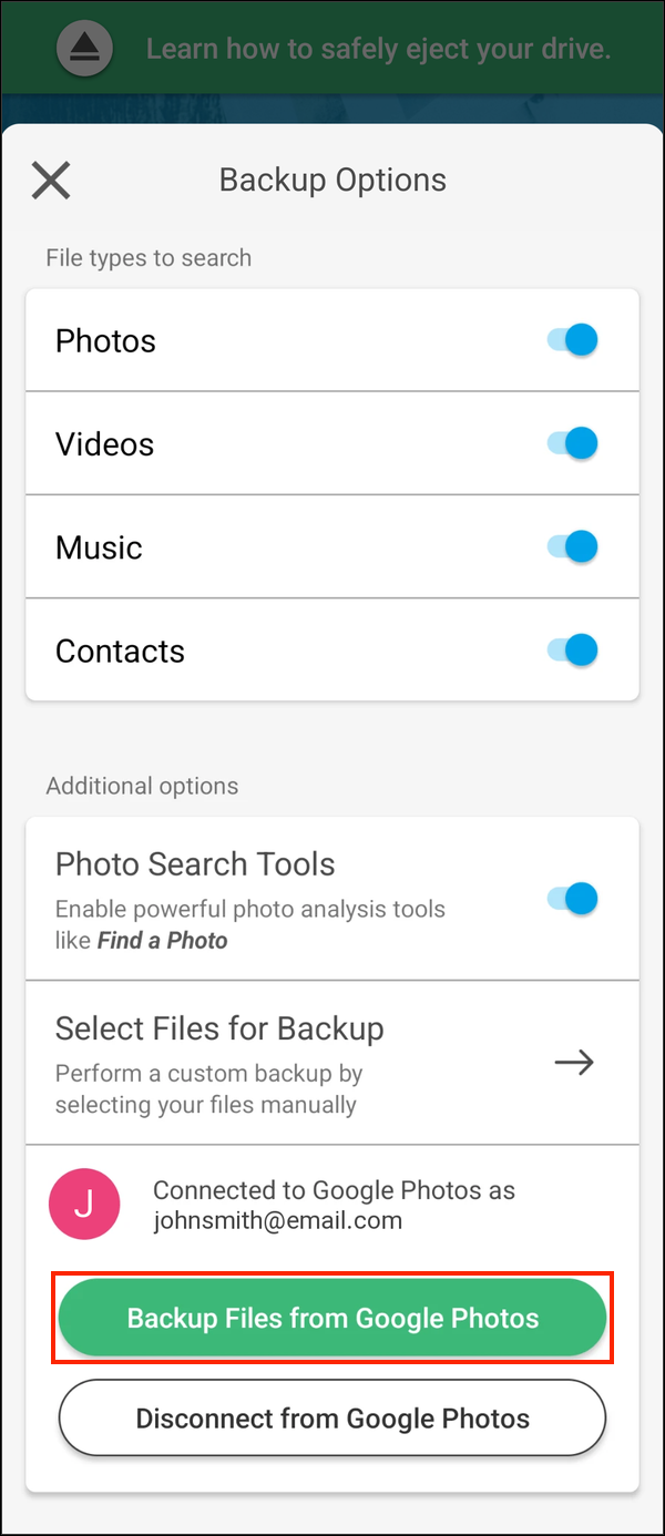 Backup Options when already connected to Google Photos, with Backup Files from Google Photos highlighted